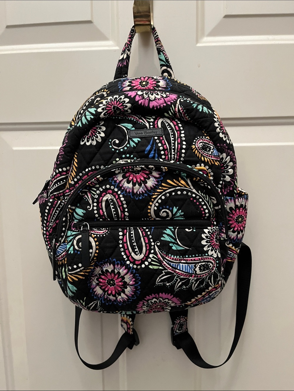 Vera Bradley Quilted Black Paisley Floral Mini Backpack with two small cases.